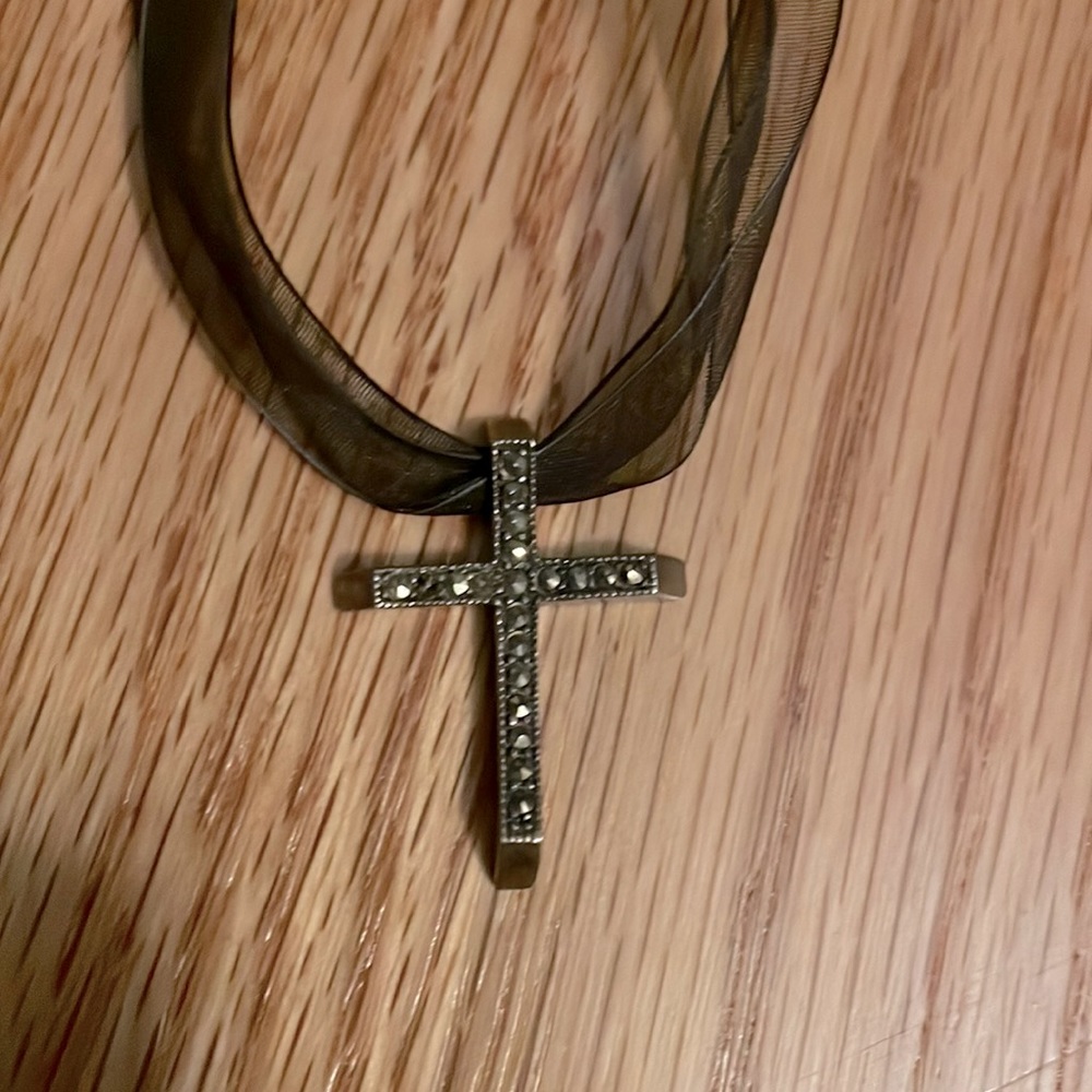 Vintage Black Cross Rhinestone Necklace on Double Black Lace